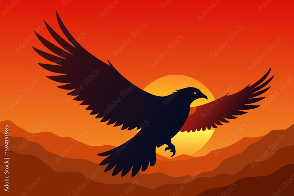 Fototapeta premium Flying Eagle on Beautiful Sunset Sky Background