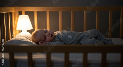 Baby sleeping in wooden crib at night