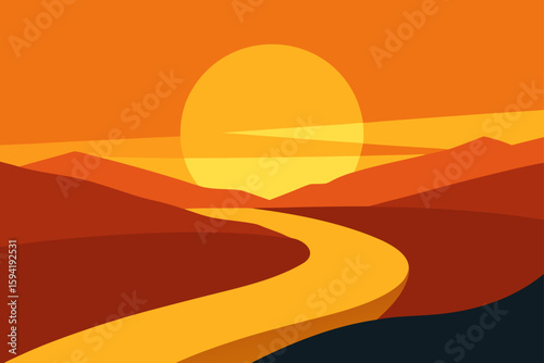 Golden Sunset Sky Over Curved Coastline