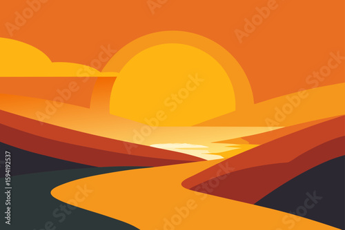 Golden Sunset Sky Over Curved Coastline