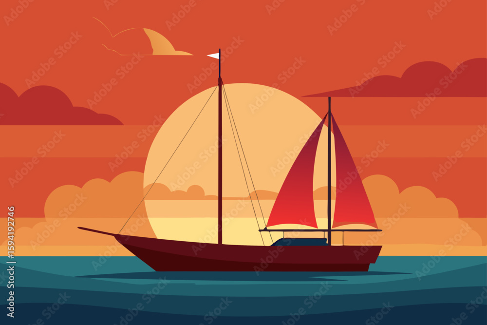 Naklejka premium Large Sailboat in the Sunset on the Sea