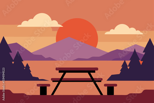 Scenic Overlook With Picnic Table at Sunset