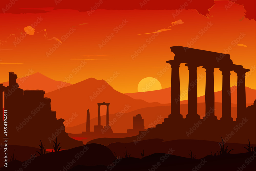 Fototapeta premium Silhouette of Ancient Ruins Under a Fiery Sky