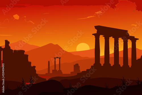 Silhouette of Ancient Ruins Under a Fiery Sky