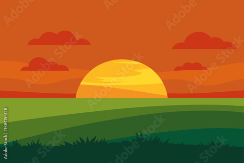 Sunset Across Endless Grassland and Open Sky