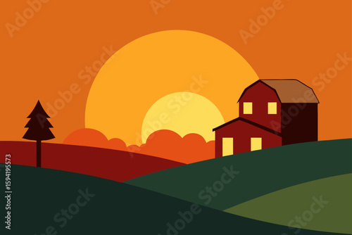 Sunset Behind a Rural Farmhouse and Barn