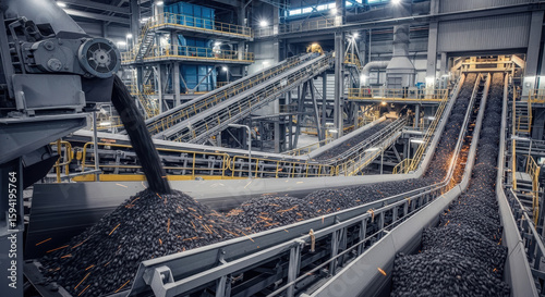 A view of a coal processing plant with conveyor belts and machinery transporting materials inside a building