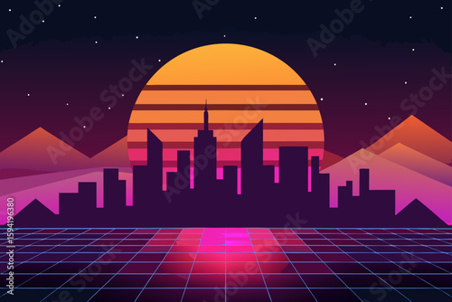 Sunset Cityscape With Neon Lights Starting to Gl