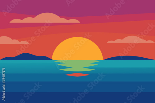 Sunset Over the Calm Ocean With Distant Islands