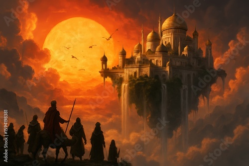 Fantasy Palace in Sky with Figures Walking Towards It