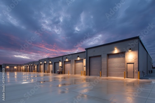 Industrial symphony Warehouses gleam under a twilight sky reflecting hope after the rain on a