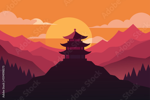 Sunset View From Hilltop Pagoda With Mountain Lay
