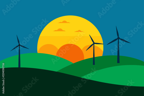Sunset With Wind Turbines on Green Hills