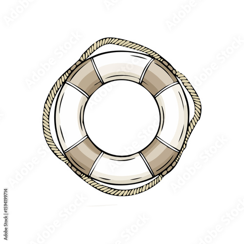 Beige and white life preserver with rope. Ideal for water safety concepts.