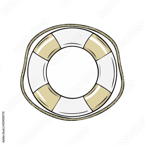 Beige and white life preserver with rope. Suitable for websites, brochures, and social media posts related to safety, rescue, and nautical themes.