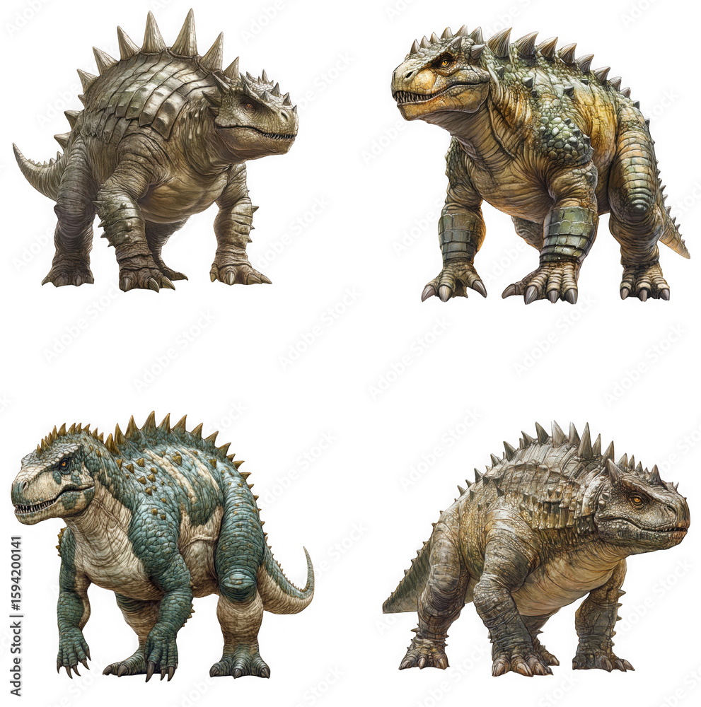 Fototapeta premium Four different armored dinosaur creatures isolated on transparent background