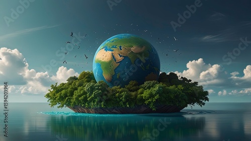 A vibrant blue and green eco Earth globe symbolizes environmental world protection, ecological conservation, and the urgent message of 