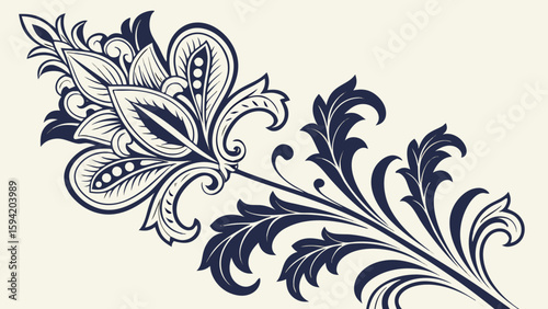 Classic Damask Pattern - Deep navy and metallic gold, ornate symmetrical motif, silky finish