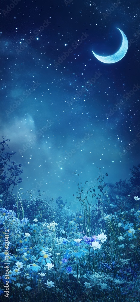 Fototapeta premium A dreamlike painting of a night sky with a crescent moon and scattered stars, illuminating a field of delicate blue and white flowers and tall grasses, creating a serene atmosphere.