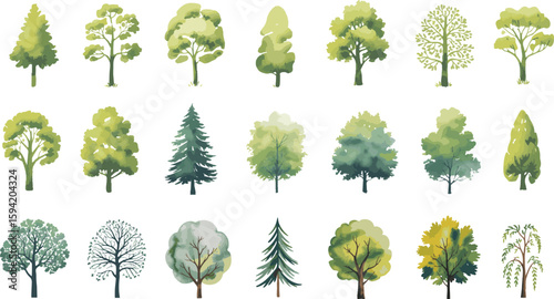A collection of watercolor trees isolated on white background