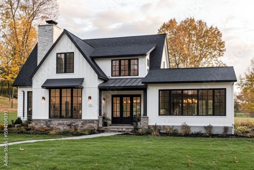 Modern farmhouse design, white walls, dark roof, black trim, and stone foundation