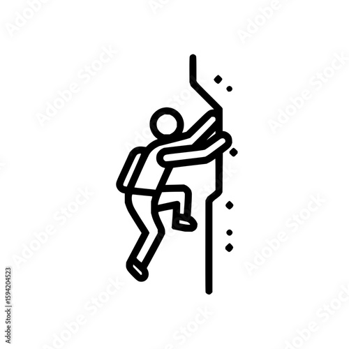 A person with a backpack is climbing a rock wall with visible grips and climbing equipment depicted clearly