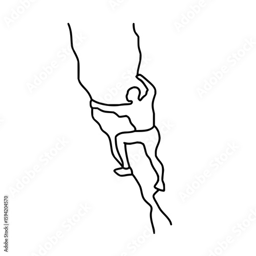 Silhouette outline of a person climbing a rock face with arms raised in a minimalist style drawing
