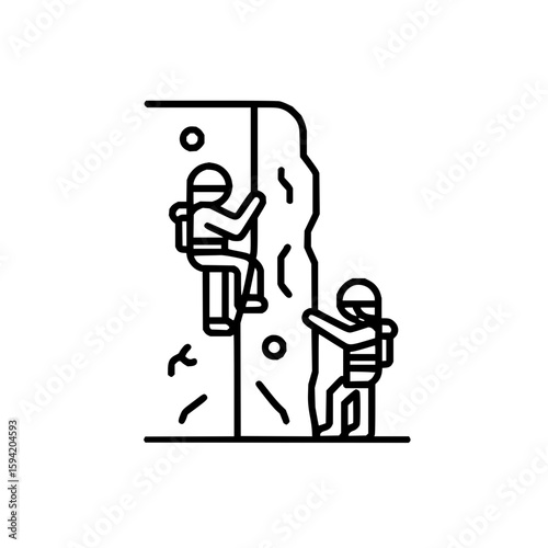 Two climbers ascending a rock face with safety gear and helmets in a black and white line drawing