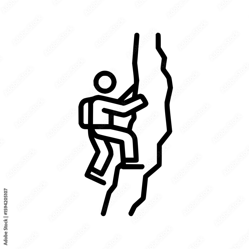 Icon of a person with a backpack climbing a rock face using their hands and feet for support and balance Icon of a person with a backpack climbing a rock face using their hands and feet for support and balance