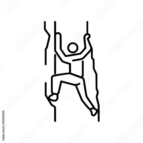 Silhouette of a person climbing a rock wall with arms raised in a black and white line drawing style