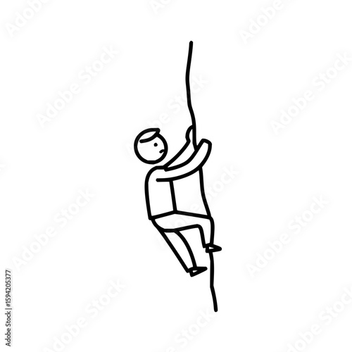 A minimalist line drawing depicts a person climbing a vertical rope or line in a simple illustration