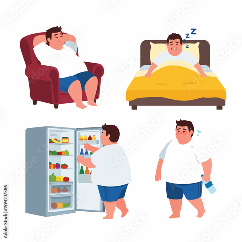 Overweight man leads unhealthy lifestyle shows bad habits