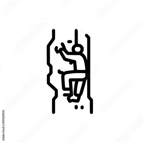 Person climbing a rock wall with safety rope and harness in a black and white line drawing style image