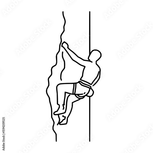 Line drawing of a climber ascending a rock face with safety harness and rope in black and white style