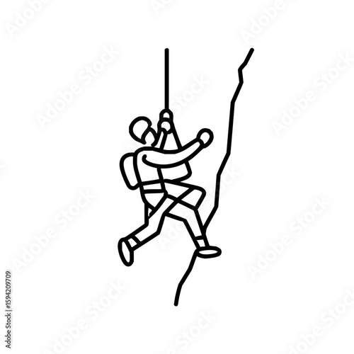 A line drawing of a climber scaling a rock face with rope and safety gear in a minimalist style art