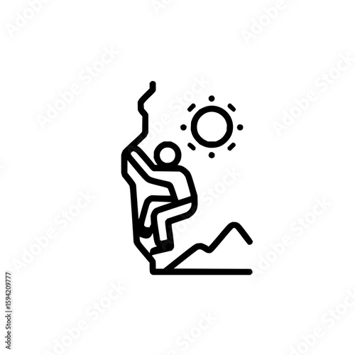 Person climbing a rock face with the sun shining above and some mountains in the background view icon