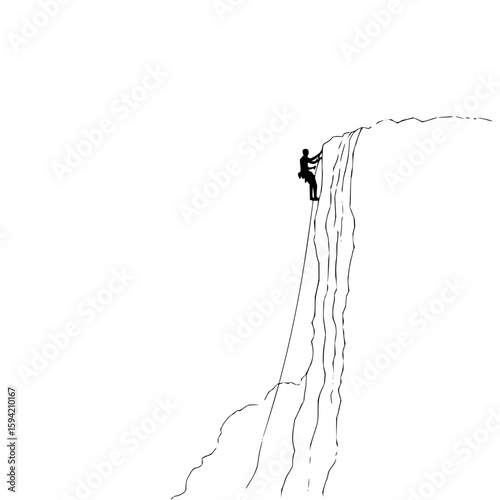 Silhouette of a climber rappelling down a cliff face with a rope against a white background landscape view
