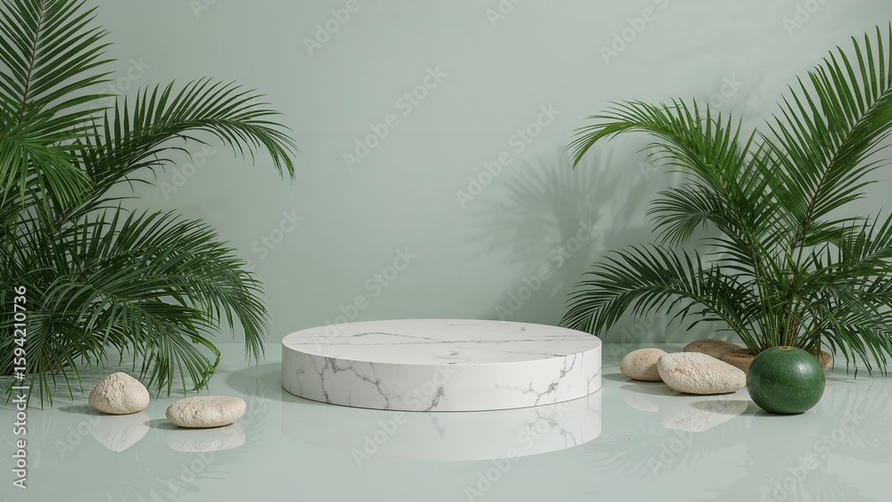 Obraz premium Round white marble podium with palm leaves rocks and green sphere