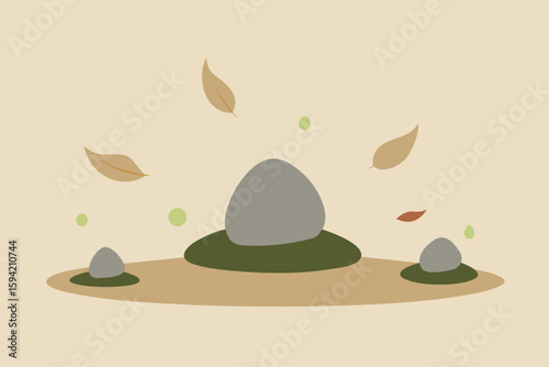 Zen Rock Garden With Drifting Leaves On Neutral Gradient Art