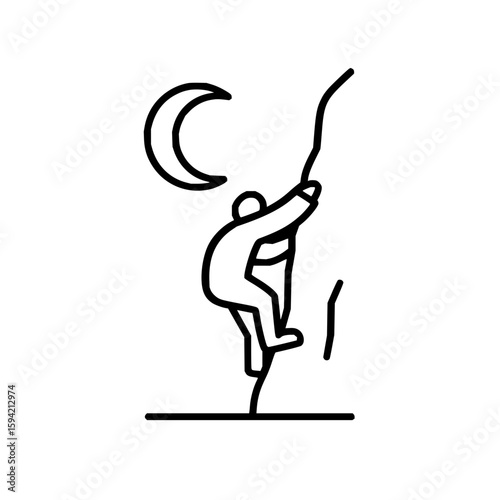 Illustration of a person climbing a rock face under a crescent moon in a minimalist black outline style