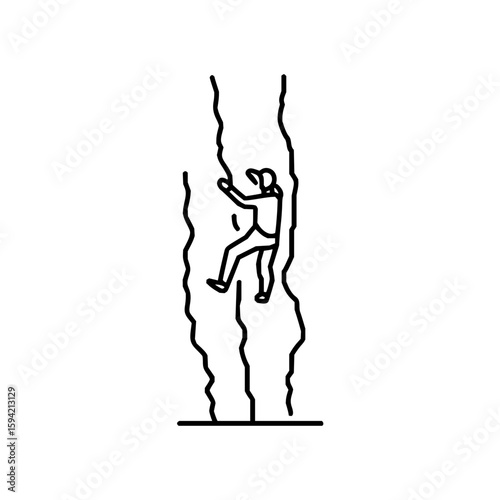 Illustration of a person climbing a rock wall with safety gear in a minimalist line drawing style art