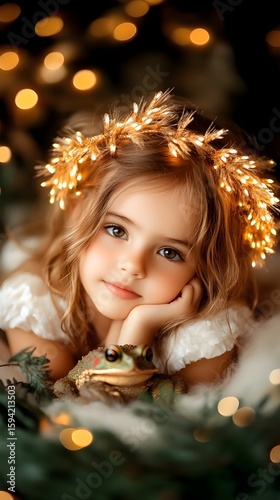 A captivating high-resolution portrait photograph of a young, innocent fairy child dressed in a frilly dress, exuding pure innocence. The fairy child's curly locks shimmer under canopy of trees, night