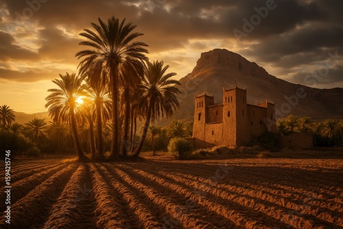 Moroccan Landscape Palm Trees and Kasbah at Sunset