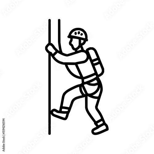 Line drawing of a rock climber with helmet and gear ascending a vertical pole in black and white style