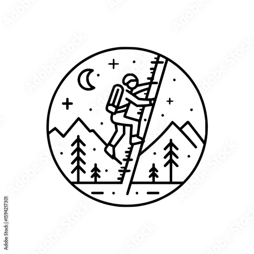 A monochrome line art illustration of a climber ascending a mountain at night in a circle frame