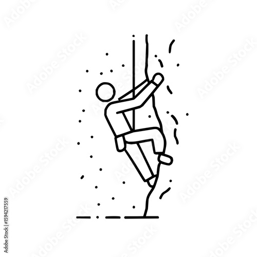 A person climbing a rock wall with safety gear and a rope in a black and white outline drawing style