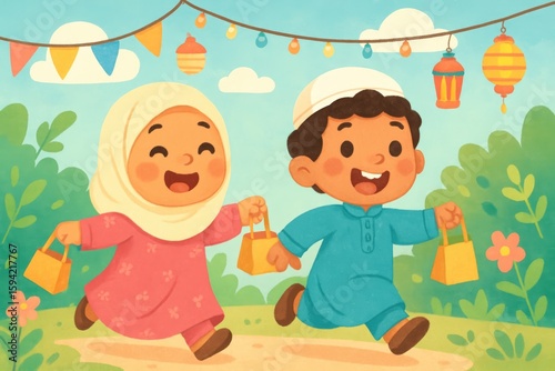 Children Running with Bags and Lantern