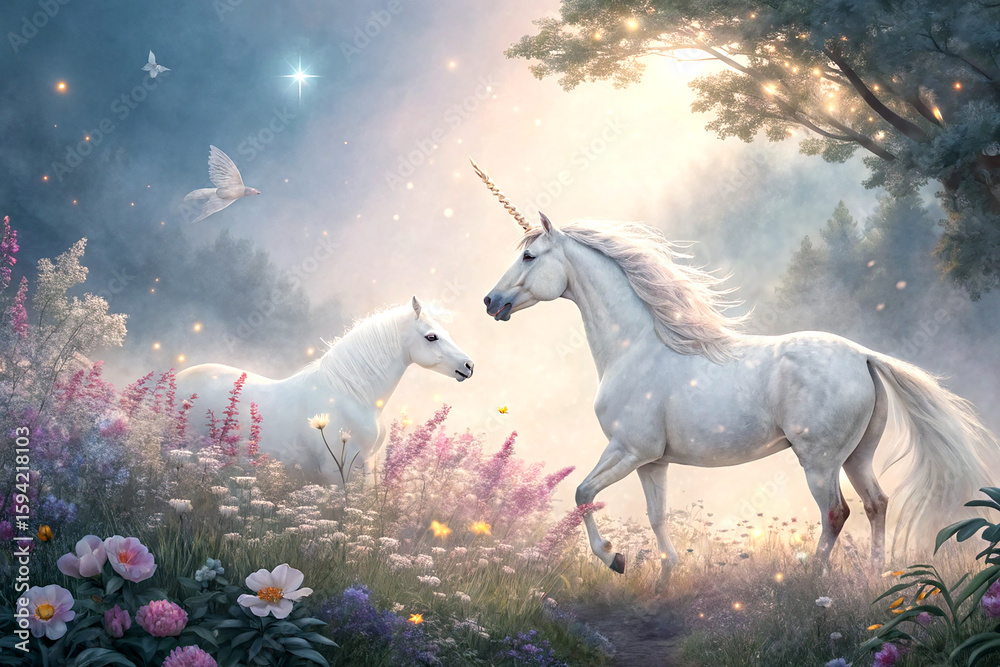 Fototapeta premium Ethereal white unicorn surrounded by flowers in whimsical fantasy mist