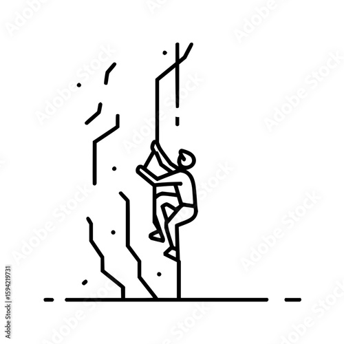 Person climbing a rock wall with visible grips and a horizontal line at the bottom in black and white