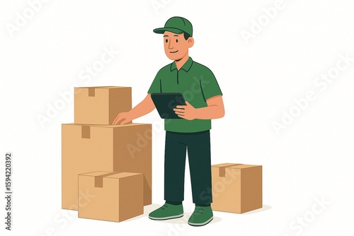 Flat Style Delivery Worker with Boxes and Tablet